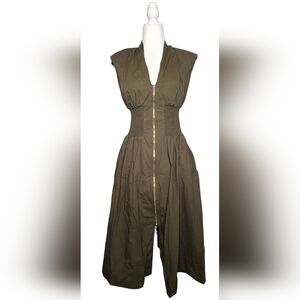 Reset Sutton Dress JD173 Midi Green Size Large Front-Zip Pockets Smocked Waist